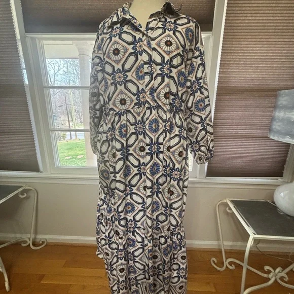Anthropologie Geometric Blue and White Long Sleeve Dress - Picture 4 of 8